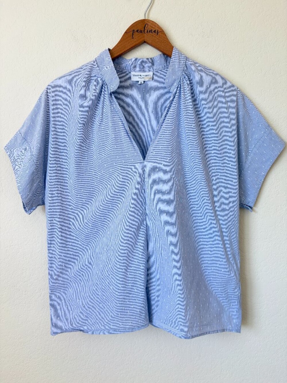 Waverly Grey Top Womens Blue Swiss Dot Short Sleeve Blouse Made USA M L
